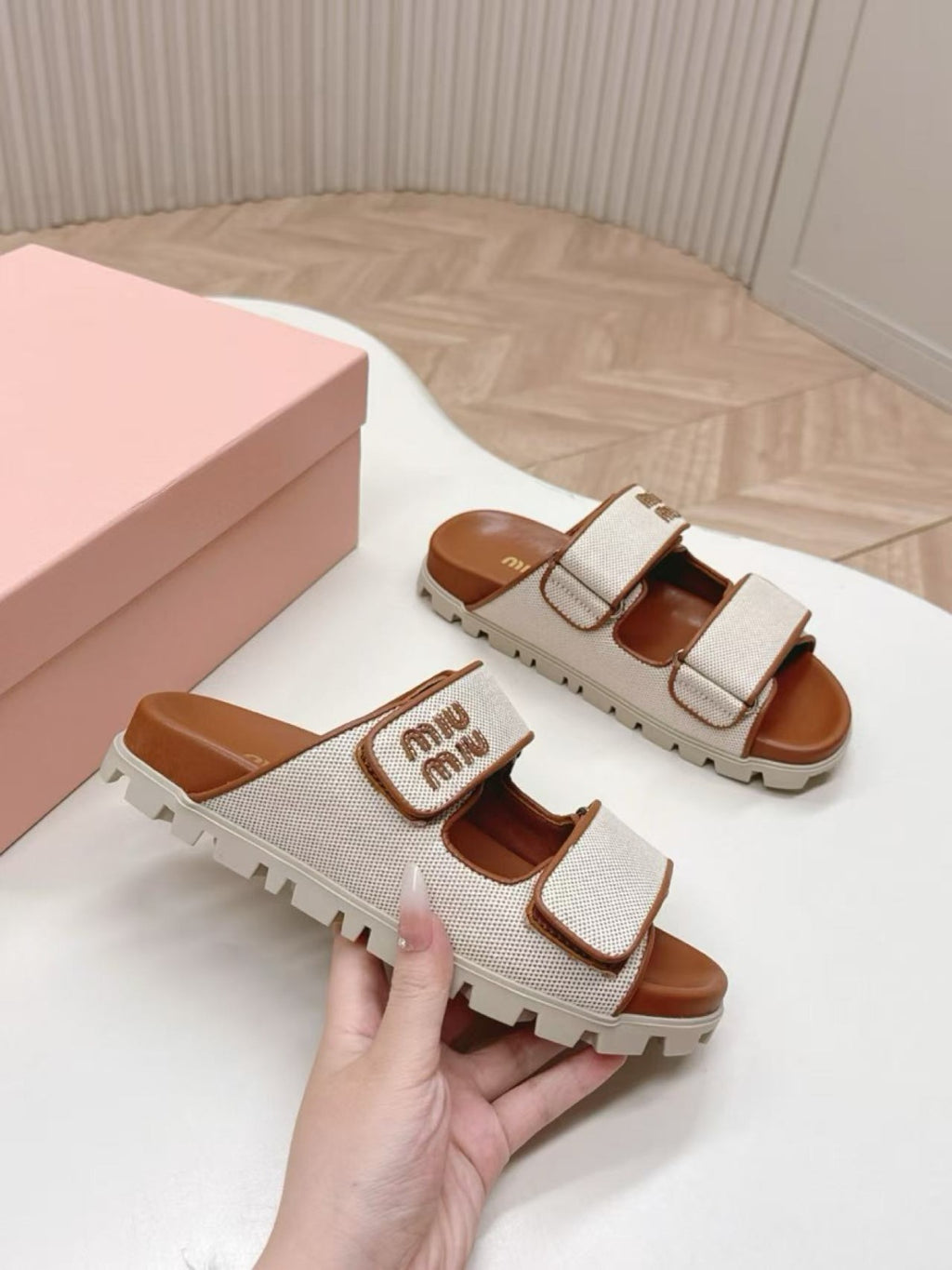 Miu Miu Canvas Logo Slide Sandals - Discount 45%