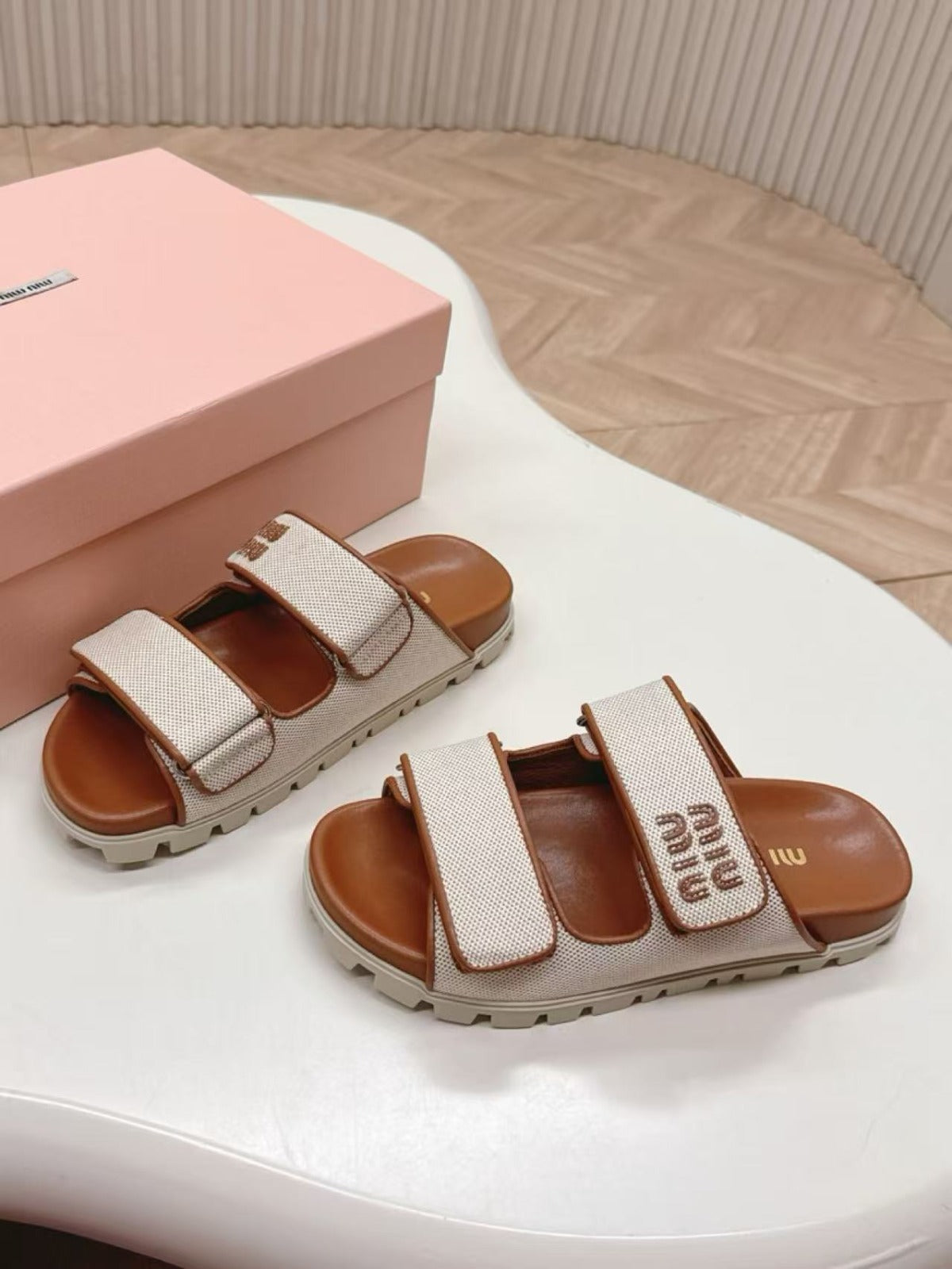 Miu Miu Canvas Logo Slide Sandals - Discount 45%